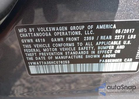 2017 Volkswagen Passat 1.8T S from USA, damaged, VIN 1VWAT7A35HC076253